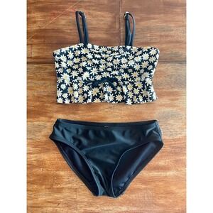 Art Class Girls Daisy Print Tankini Two Piece Swimsuit Black White Yellow M 7/8